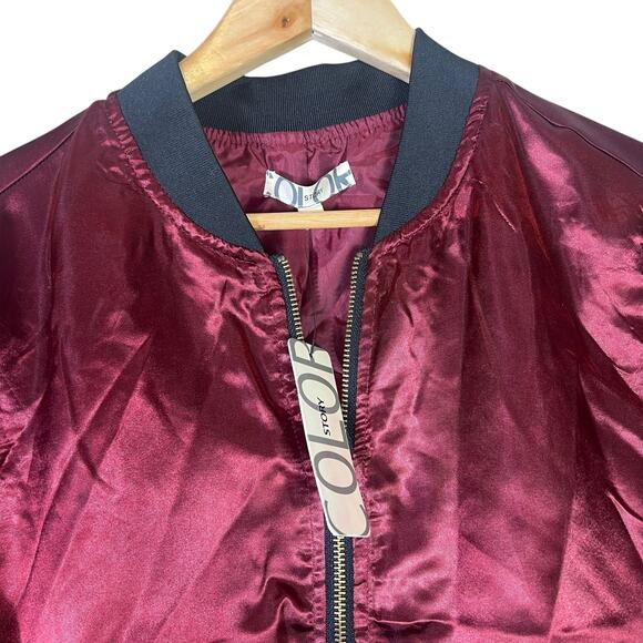 NWT Color Story Bomber Jacket Womens M Red Satin Zip Up Ribbed Y2K Streetwear - Picture 7 of 9
